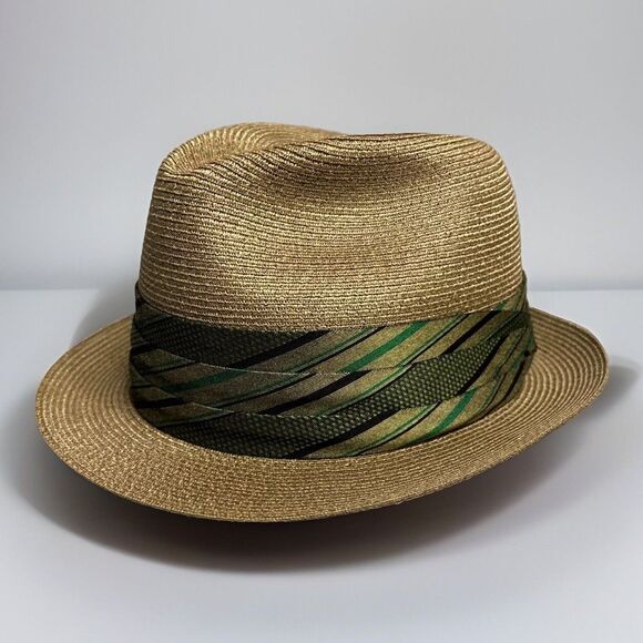 Dobbs Straw Fedora 7 1/8 Wide Green Hat Band Trilby Summer 60s Gentlemen Panama - Picture 8 of 12